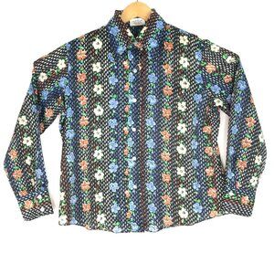 Vtg KMart Button Front Shirt Mens L 38 Long Sleeve Polka Dot Floral Blue White
